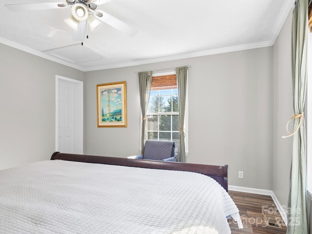 bedroom with ceiling fan and dark wood-type flooring