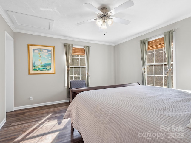 bedroom featuring ceiling fan, dark hardwood / wood-style floors, and ornamental molding