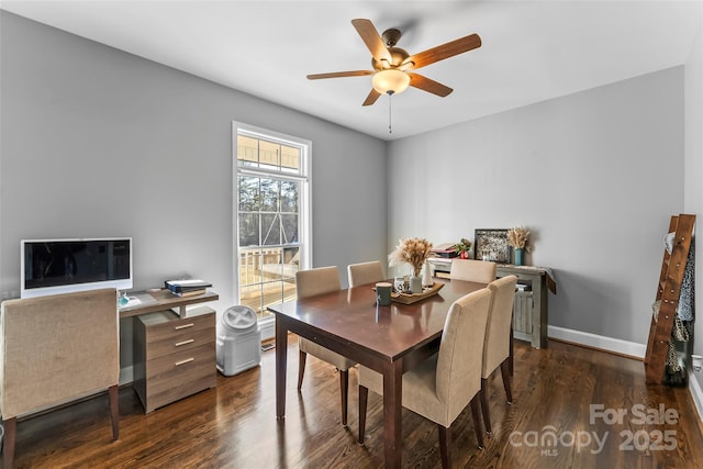 dining room with ceiling fan and dark hardwood / wood-style flooring