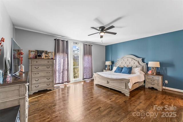 bedroom with dark wood-type flooring and ceiling fan