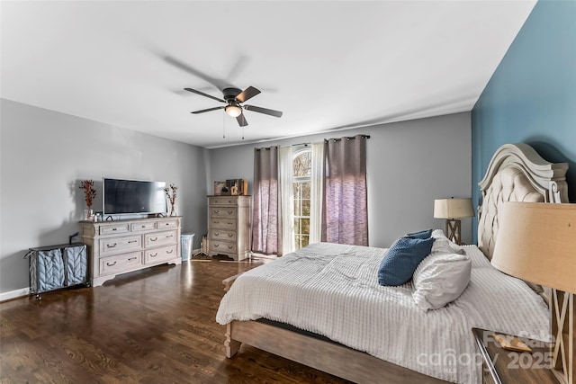 bedroom with hardwood / wood-style floors and ceiling fan