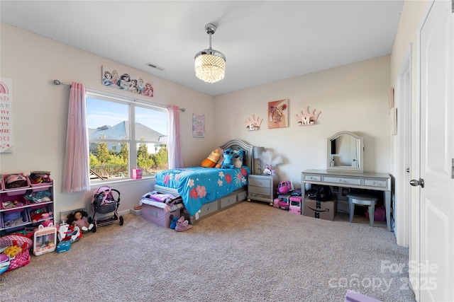 carpeted bedroom featuring a mountain view