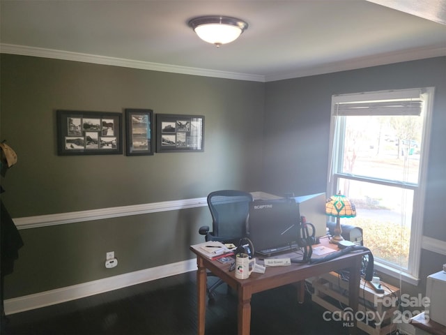 home office featuring baseboards, wood finished floors, and ornamental molding