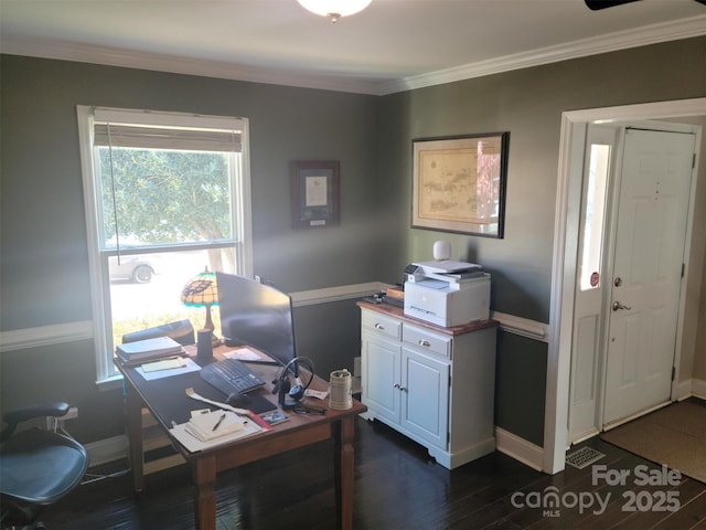 office space featuring baseboards, ornamental molding, and dark wood-style flooring