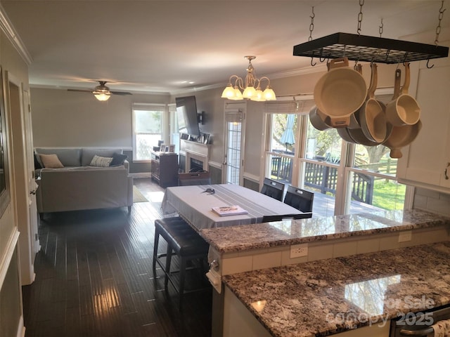 kitchen featuring light stone counters, dark wood-style floors, ornamental molding, open floor plan, and white cabinets