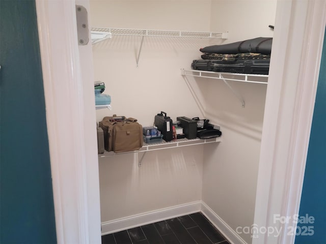 spacious closet with dark wood-style floors