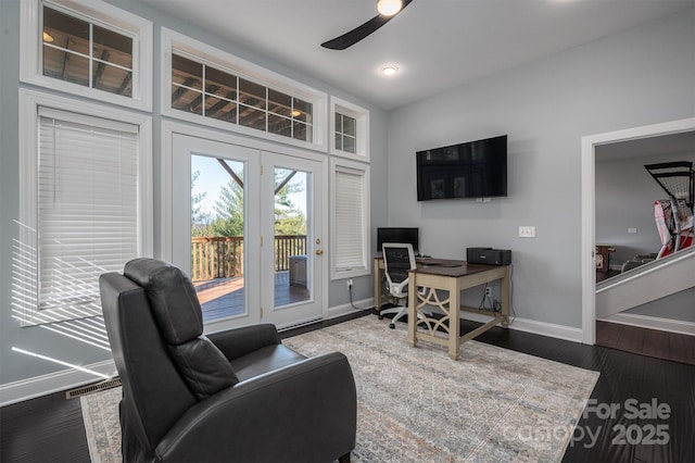 office featuring ceiling fan and dark wood-type flooring