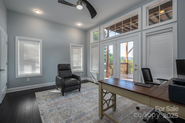 office featuring ceiling fan, french doors, and dark hardwood / wood-style floors