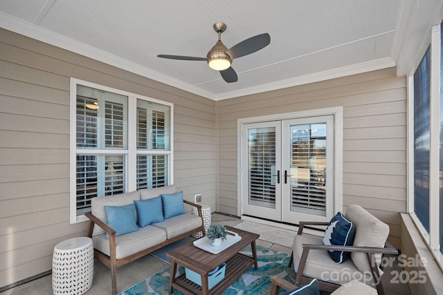 view of patio / terrace featuring ceiling fan, an outdoor living space, and french doors