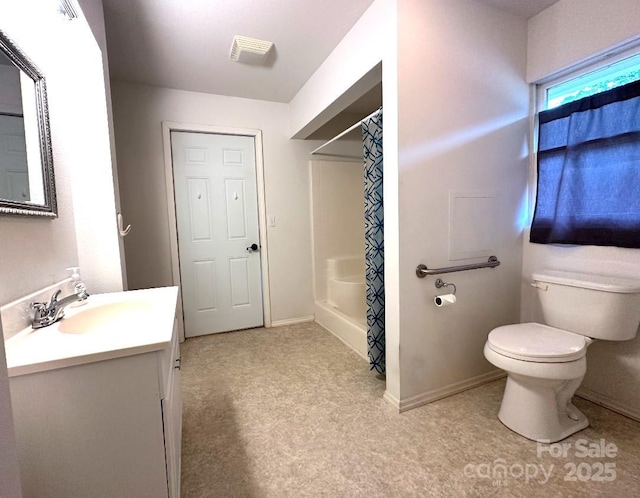 bathroom featuring visible vents, toilet, a shower stall, vanity, and baseboards