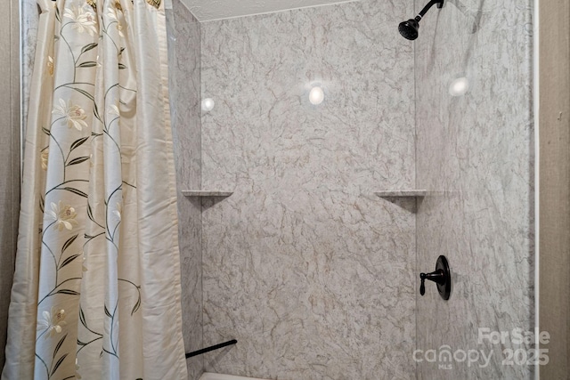 details with curtained shower