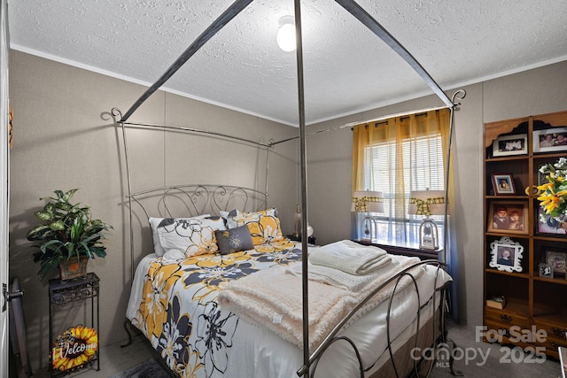 bedroom with crown molding and a textured ceiling