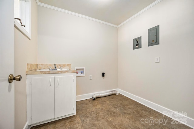 clothes washing area featuring cabinets, sink, crown molding, and hookup for a washing machine