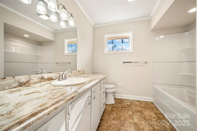 full bathroom with bathtub / shower combination, a textured ceiling, toilet, and vanity