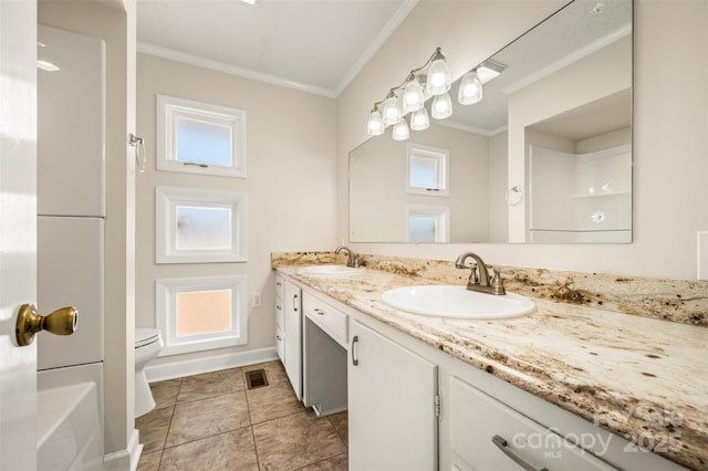 bathroom featuring toilet, vanity, tile patterned flooring, and ornamental molding