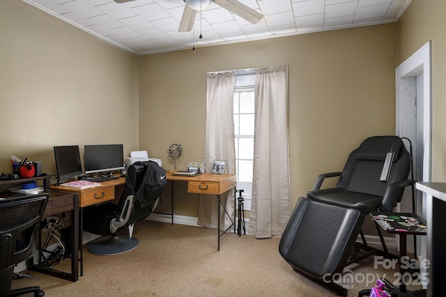 carpeted office space featuring ceiling fan and crown molding