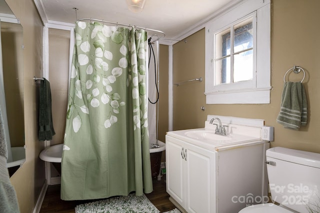 bathroom with hardwood / wood-style flooring, curtained shower, toilet, and vanity