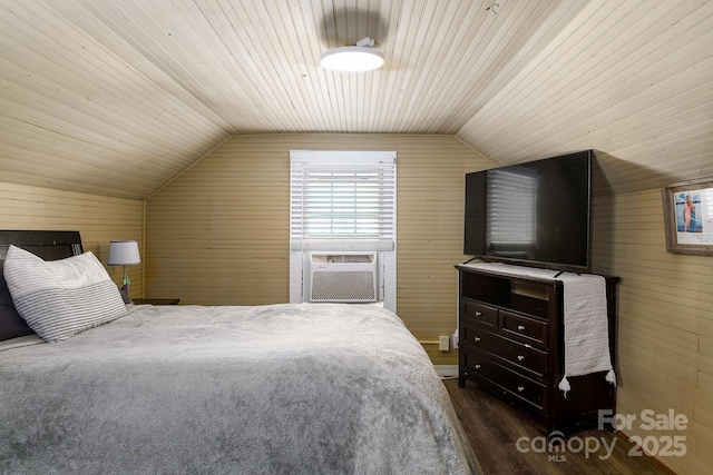 bedroom featuring lofted ceiling, cooling unit, and wood walls