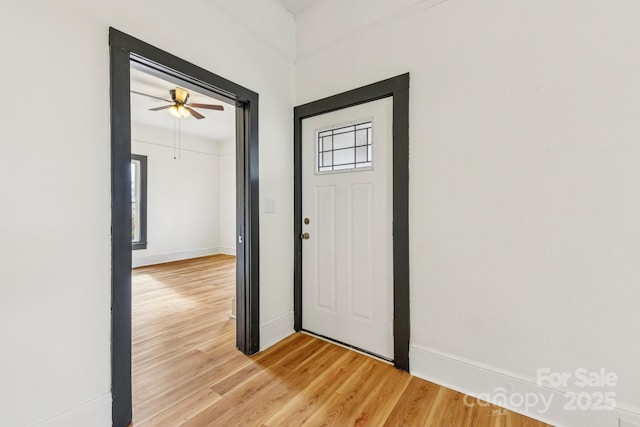 foyer featuring ceiling fan, wood-type flooring, and a healthy amount of sunlight