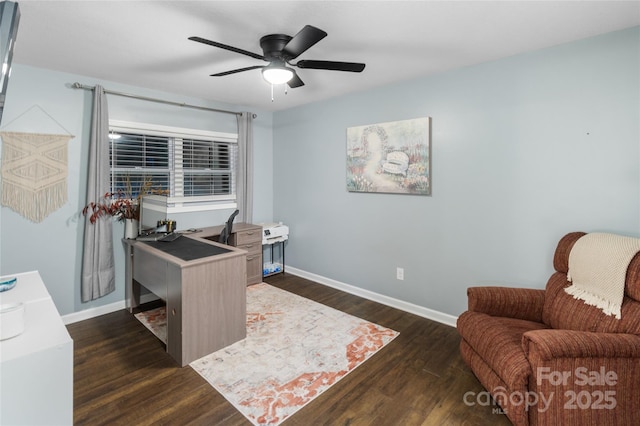 office featuring ceiling fan and dark hardwood / wood-style flooring