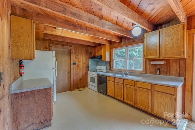 kitchen featuring white appliances, beamed ceiling, sink, wood walls, and wooden ceiling