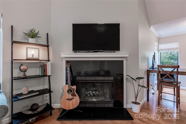 living room featuring wood finished floors, crown molding, and a fireplace