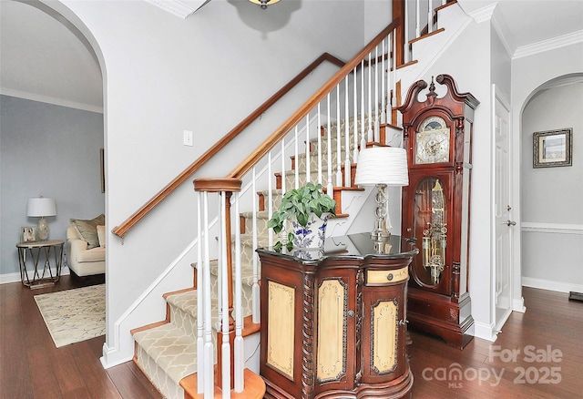 stairway with hardwood / wood-style floors and crown molding