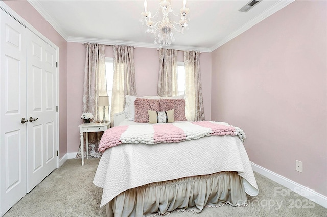 bedroom featuring ornamental molding, light carpet, and a chandelier