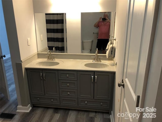 bathroom with toilet, vanity, and hardwood / wood-style floors