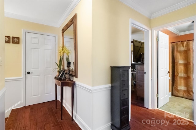 hall featuring ornamental molding and wood-type flooring