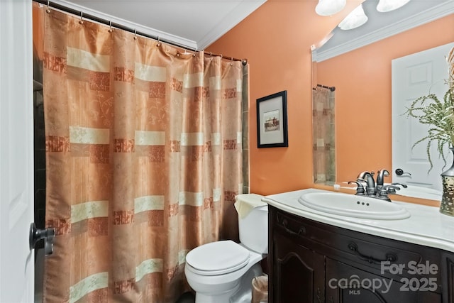 bathroom with curtained shower, toilet, vanity, and crown molding