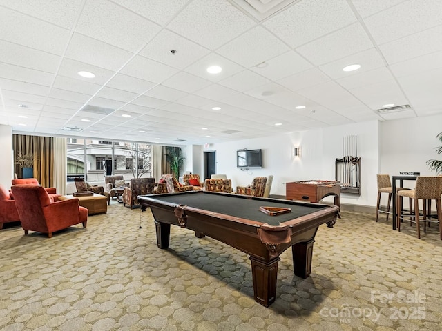 playroom featuring a drop ceiling, pool table, and carpet