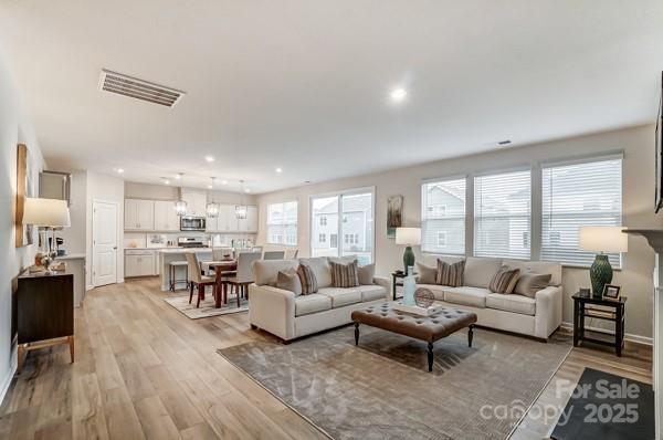 living room featuring a wealth of natural light and light hardwood / wood-style flooring