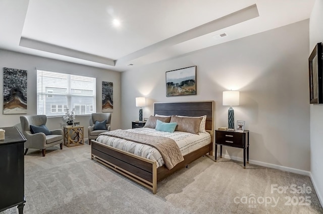 carpeted bedroom featuring a raised ceiling