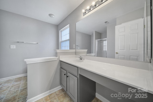 full bath with a stall shower, vanity, visible vents, and baseboards