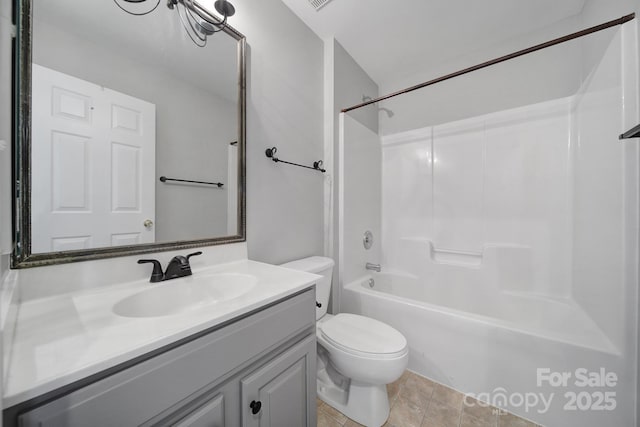 full bath featuring shower / bathing tub combination, vanity, toilet, and tile patterned floors