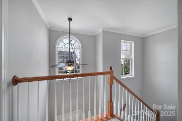 staircase with crown molding and ceiling fan