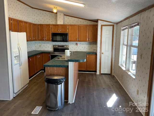 kitchen with dark wood-type flooring, lofted ceiling, stainless steel range with electric stovetop, a center island with sink, and white fridge with ice dispenser