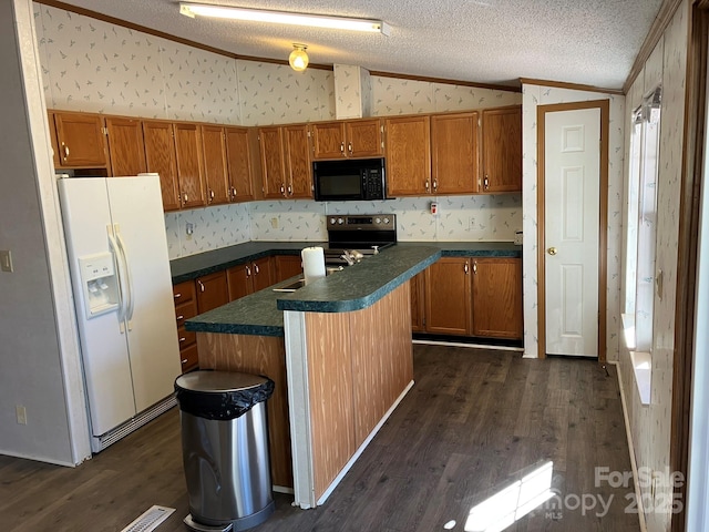 kitchen featuring a center island, a textured ceiling, electric range, ornamental molding, and white fridge with ice dispenser