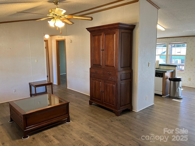 living room featuring ceiling fan, a textured ceiling, and dark hardwood / wood-style flooring