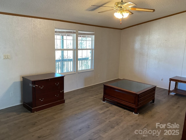 interior space with ceiling fan, a textured ceiling, and dark hardwood / wood-style flooring