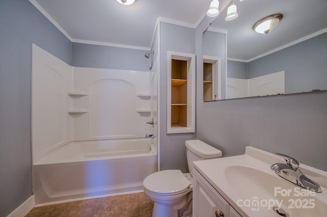 full bathroom with toilet, crown molding,  shower combination, and vanity