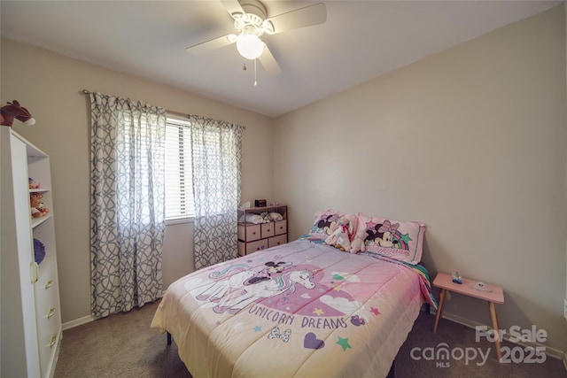 carpeted bedroom with ceiling fan