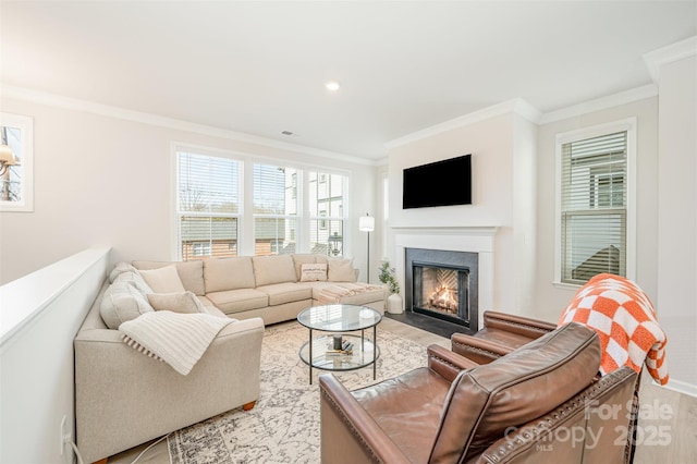 living room with crown molding, a fireplace, and light hardwood / wood-style flooring