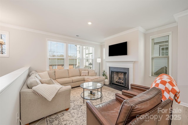 living room with crown molding and light wood-type flooring