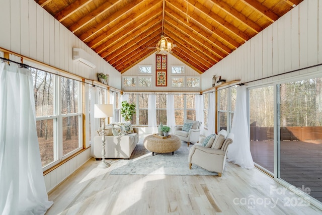 sunroom / solarium featuring vaulted ceiling, wooden ceiling, and an AC wall unit