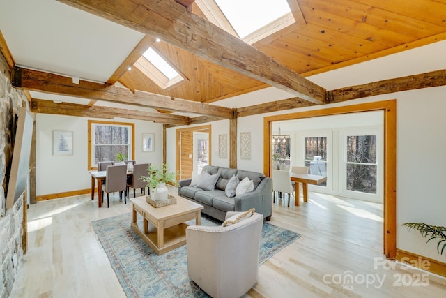 living room with lofted ceiling with skylight and light hardwood / wood-style flooring