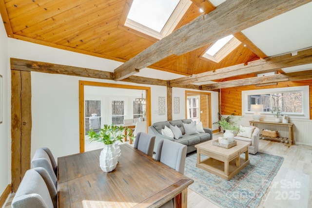 dining area with wooden walls, vaulted ceiling with skylight, wooden ceiling, and light hardwood / wood-style floors