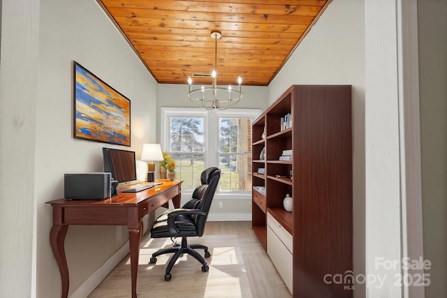 office space with wooden ceiling, ornamental molding, vaulted ceiling, a chandelier, and light hardwood / wood-style flooring