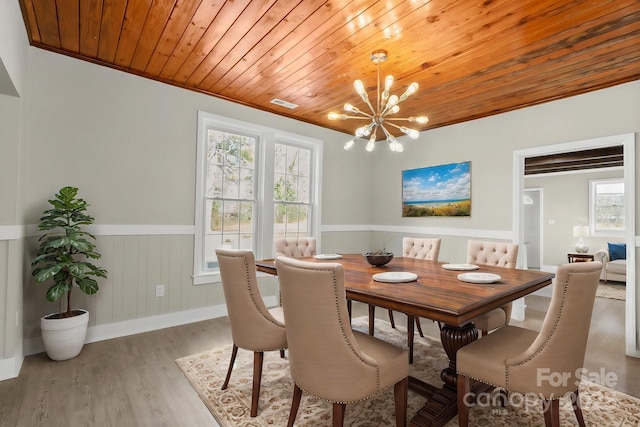 dining room with wooden ceiling, light hardwood / wood-style flooring, and a chandelier